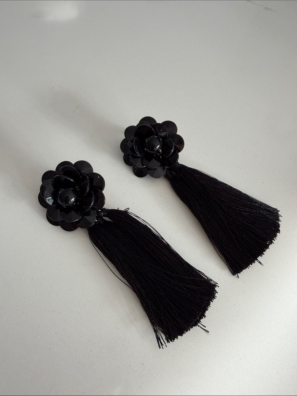 Black Floral Tassel Drop Earrings - Elegant Statement Jewelry